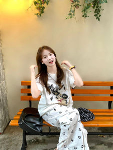 Summer Outfit Korean Style Youthful Casual Sportswear Set Womens Short Sleeve Long Pants Two-Piece Set Cotton round Neck