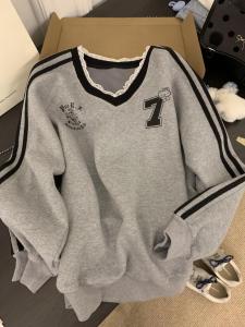 American Letter Print V-Neck Long Sleeve Sweatshirt Womens Loose Casual Top Lace Splicing Gray Unique Autumn Fashion