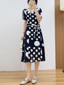 Tay Ngắn Mùa Hè Nữ Đầm Cao Vòng Eo Chân Váy Midi Chấm Bi Vải Voan Đầm Mẹ Đầm Thoải Mái Thanh Lịch Phong Cách Hàn Quốc