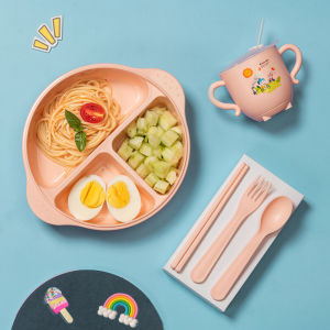 Childrens Lunch Plate with Compartment And Cover Anti-Scalding Anti-Fall Baby Eating Bowl Dish Set PP Material Mealtime Utensils
