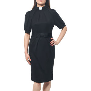 Womens Clergy Dress Short Sleeve Pencil Dress Tab Insert Collar Priest Clergy Dresses with Belts Black