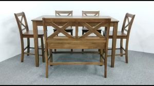 Ready Stock EWJ 682 Full Solid Wood High Bar Dining Set 1+4+bench Walnut / Set Meja makan Kayu Asli