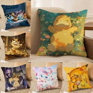 Bandai | Pokemon Johto Starters Anime Plush Pillow Cover Soft Short Plush Cushion Cover For Sofa Bedroom Home Decor Gift