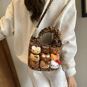 Trendy Leopard Print Canvas Bag Womens Autumn Winter Versatile Crossbody Bag Cute Cartoon Handbag Soft Bucket Shape Shoulder Bag