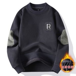 Mens Fleece Lined Thickened Hoodie Autumn Winter Warm Embroidered Base Shirt Loose Fit Casual Long Sleeve round Neck Sweatshirt