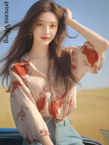 WANGGONGZHU | Floral Print Chiffon Casual Shirt Women Summer 2025 New French Style Elegant Fashion Slimming Design Princess Cut V-neck Top