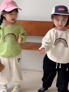 Kids Sweatshirt Waffle Longsleeved Collar Cuffs Rainbow Pattern Jacket for Kids Boys and Girls 2-9 Years Old