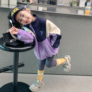 เสื้อแจ็คเก็ตขนแกะแฟชั่นฤดูใบไม้ผลิและฤดูใบไม้ร่วงสำหรับเด็กผู้หญิง เสื้อคลุมกันหนาวแบบสวมหัว ปกติ คอตั้ง ซิป สีบล็อก