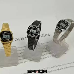 Sanda | Đồng Hồ Kỹ Thuật Số LED SANDA Dành Cho Nữ Đồng Hồ Đeo Tay Nữ Dây Thép Không Gỉ Chống Thấm Nước Thời Trang Sang Trọng Thanh Lịch Với Đồng Hồ Bấm Giờ Và Đèn Nền