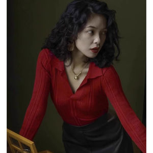 Red Polo Neck Knitted Sweater Womens Autumn Winter Slim Fit Base Layer Christmas Top Commute Style Korean Version Inner Wear