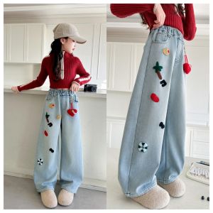 Rolanko กางเกงยีนส์ขากว้างสำหรับเด็กกางเกงยีนส์ขาตรงสีฟ้าผ้าปักกางเกงทรงหลวมกางเกงเอวยางยืดนักเรียนทุกวันเสื้อผ้าลำลอง6-15ปี