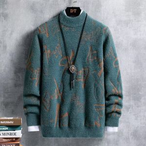 ROMON | Lormen Mens Winter Thickened Warm Mink Velvet Knitted Sweater Half High Collar Inner Wear Base Shirt Fashion Urban Style