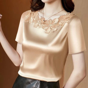 HerStore Women Short Sleeve Satin Silk Blouse Lace Crochet Casual Loose Silk T Shirt