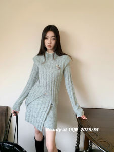 Elegant Knitted Sweater Set Womens Autumn Winter Fashion Shoulder Design Asymmetrical Street Style Long Sleeve Slim Fit Top