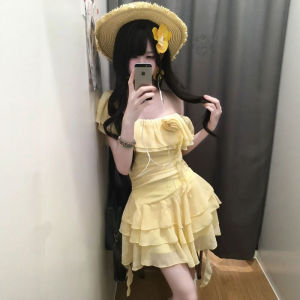 CHANGTONG | Váy xếp ly vai không đối xứng màu trơn cạp cao mùa hè 2025 váy chữ A bó sát không tay dài đến giữa bắp chân váy du lịch