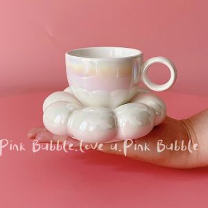 ชุดแก้วกาแฟดอกไม้ Fufu น่ารักและสร้างสรรค์พร้อมกล่องของขวัญสำหรับวันเกิด ชุดเซ็ต 10 ชิ้น วัสดุเซรามิกสไตล์เกาหลี