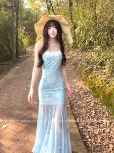 French Blue Floral Print Halter Dress Womens Summer Beach Vacation Slim Fit Fish Tail Wrap around Long Skirt Soft Medium Length