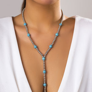 Ingemark Bohemia Blue Stone Beaded Long Necklace For Woman Vintage Stylish CCB Beads Chain High Quality Jewelry Accessories