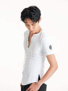 Mens Short Sleeve Knot Top Latin Dance Practice Suit Professional DUYQ Series 006 Slim Fit Dancewear for Rumba And Samba