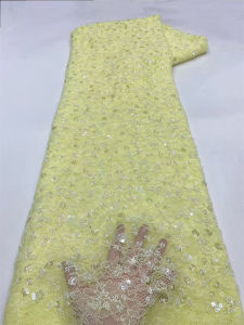 2026 Nigerian Beaded Lace Fabric High Quality African Tulle Lace French Sequins Embroidery Lace Fabrics For Wedding Party Dress