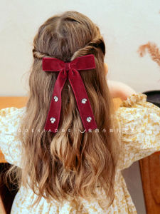Girls Velvet Hair Accessories Red Black Butterfly Knot Headwear Clip Princess Style Long Ties for Back of Head New Year Decoration