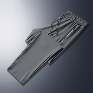 Mens Casual Ice Silk Loose Fit Sports Pants Summer Thin Style Trousers with Drawstring Long Loose Leggings Trendy Brand