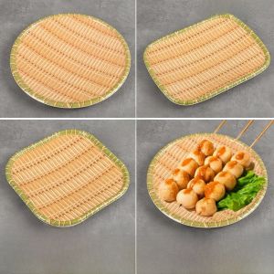 Mimosa Rectangular Chinese Wicker Design Plastic Plate Bamboo Woven Barbecue Dish Commercial Use Multi-Functional round Plate