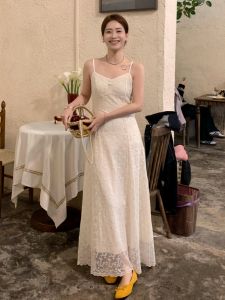 White Lace Belted Summer Dress Womens Korean Style Slimming Long Gown V-neck A-line Silhouette Sleeveless Commute Fashion