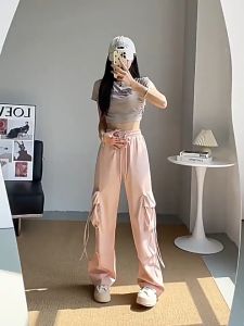 Cargo Pants Women Casual High Waist Straight Slacks Trousers