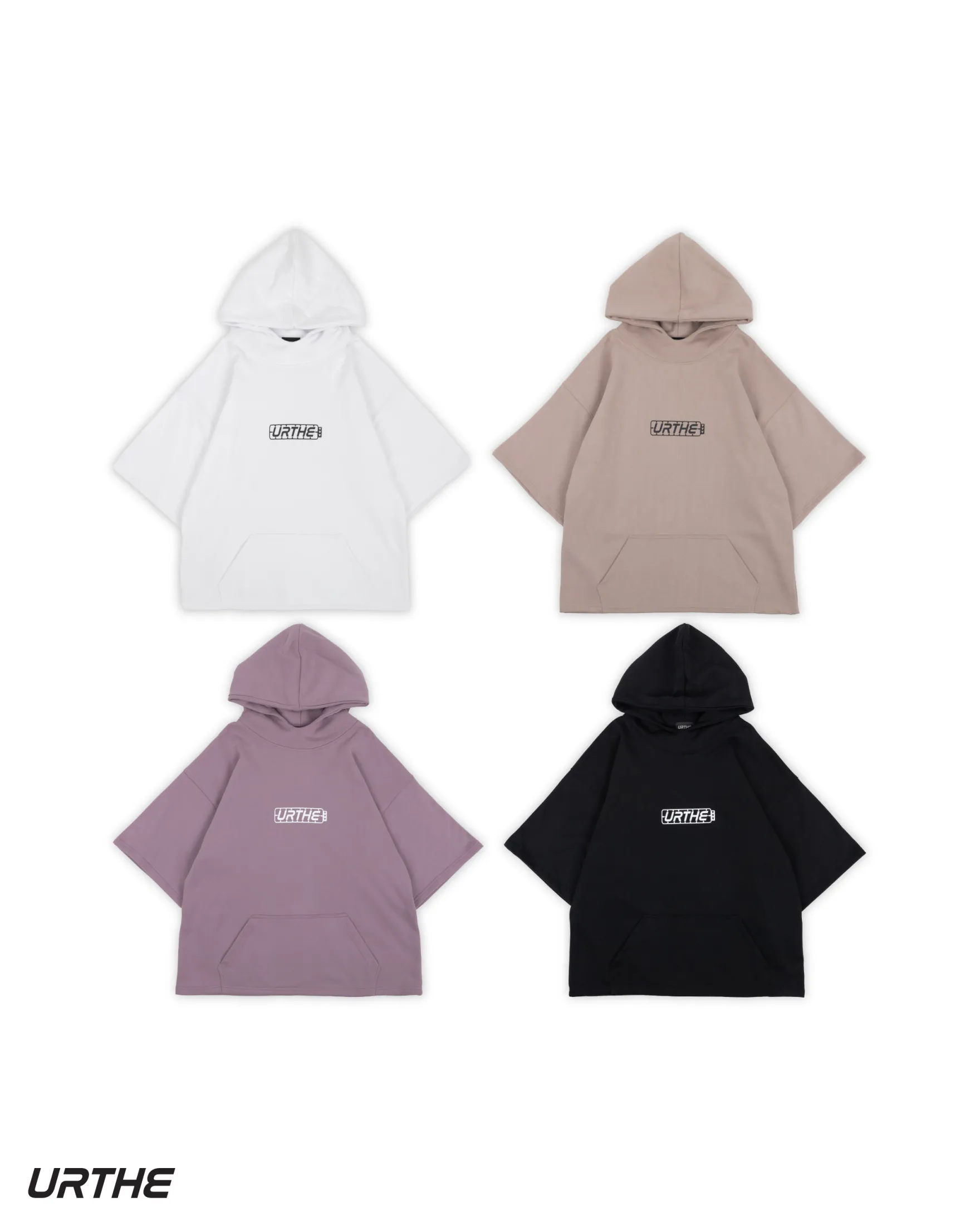 URTHE - เสื้อฮู้ด แขนสั้น OVERSIZE สกรีนลาย รุ่น THE PART HOODIE สีดำ สีขาว สีม่วง สีน้ำตาล