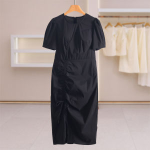 Slim Fit Round Neck Short Sleeve Drawstring Hem Solid Color Summer Dress