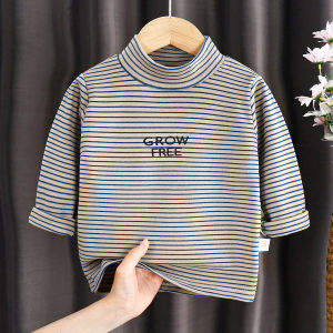 Áo Thun Trẻ Em Dài Tay Kẻ Sọc Mùa Thu Đông Ấm Áp Cổ Cao in Chữ Polyester Phong Cách Hàn Quốc Thời Trang Trẻ Em