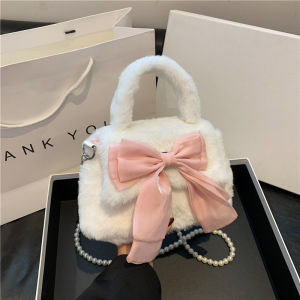 Cute Butterfly Knot Plush Shoulder Crossbody Bag for Women Winter New Lazy Style Bead Single Strap Slant Bag Soft Cotton Casual