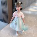Traditional Chinese Hanfu kids costume dress with free tattoo bag hair clips for Chinese New Year and dinner party event. 