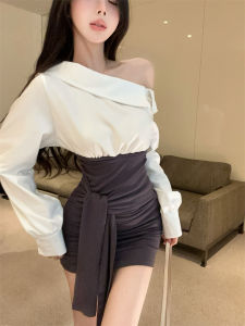 GUZILIAN | Váy sơ mi dài tay nữ mùa hè thiết kế độc đáo cạp cao gợi cảm dây buộc hở lưng váy midi cổ chữ V chất liệu polyester