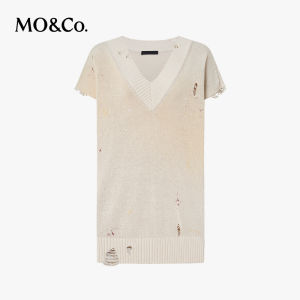 MO&Co. | Vintage Distressed V-neck Sweater Vest Thin Glue Print Cotton Linen Tencel