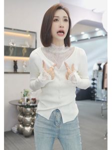 Elegant Lace Splice Knitted Sweater Womens Base Layer Shirt Autumn Fashion Design Versatile Comfortable Fit Long Sleeve Crew Neck