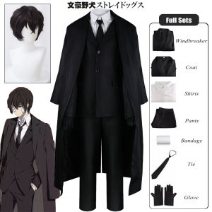 Anime Bungo Stray Cosplay Costume Osamu Dazai Black Suits Long Jacket Coat Shirts Pants Tie Glove Full Sets Halloween Fancy Costume