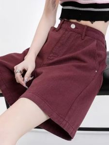 Red Denim Short Pants Womens Summer Thin Loose Wide Leg Slim High Waist A-Line Five-Quarter Mid-Pants Casual Fashion Jeans