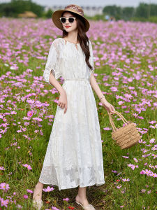 French Lace Dress Womens Summer Fashion High Waist Slimming Midi Skirt A-Line Silhouette Commute Style Regular Sleeve round Neck