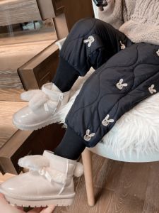 Baby Girl Embroider Rabbit Cotton Pants Winter Little Girl Fleece Lined Padded Warm Keeping One to Get through Winter Casual Jogger Pants Tide