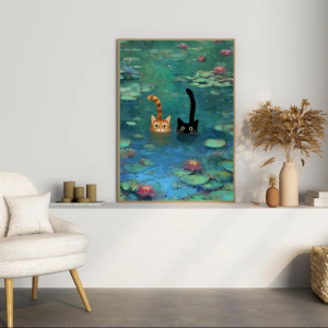 Whimsical Impressionist Cat Pond Wall Art - Delightful Art Print Merging Classic Monet Water Lilies with Cute Cartoon Cats Capt