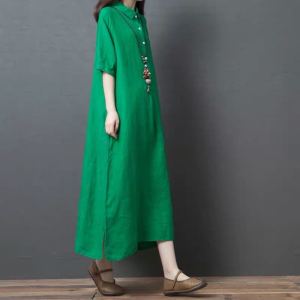 Váy Sơ Mi Vải Lanh Cotton Phong Cách Pháp Thanh Lịch Thiết Kế Đơn Sắc Cho Mùa Hè Váy Dài Cổ Polo Dáng Chữ a Thường Ngày