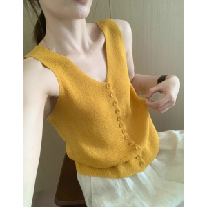 HUOLISI | French V-neck Knit Silk Camisole Top Yellow
