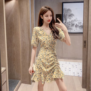 Dopamine Summer Floral Slimming Chiffon Dress V-neck Casual Waist-cinching French Style Small Size French Waist-cinching