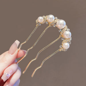 U-Shape Gold Pearl Wave Hair Comb Elegant Four-Tooth Bun Head New Chinese Style Hairpin Hair Clip Personal Care Tools