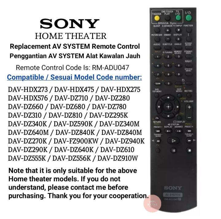 *High Quality*Sony RM-ADU047 Av System Home Theater Replacement Remote ...