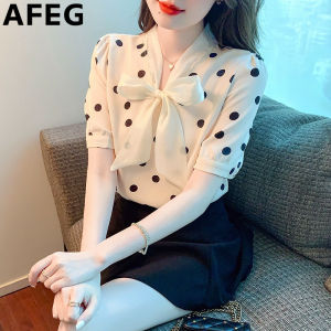 AFEG new Korean version V-neck bow fashion loose and versatile quality polka dot chiffon short-sleeved blouse