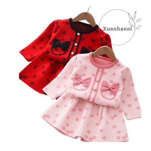 Váy len bé gái họa tiết hoa đào 2 nơ túi ngực áo croptop và chân váy 8-30kg XHN1092