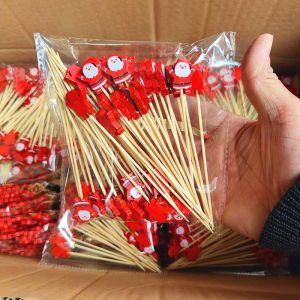 50pcs Christmas Toothpick Disposable Bamboo Food Sticks Snowflake Xmas Tree Elk Santa Toothpick for Fruit Cake Taking Party Supplies